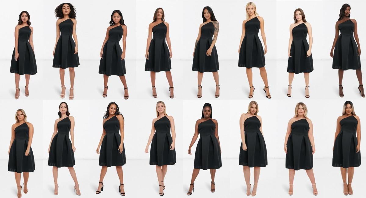 16 Frauen mit unterschiedlichen Körperformen und Haarfarben tragen alle das gleiche schwarze Kleid