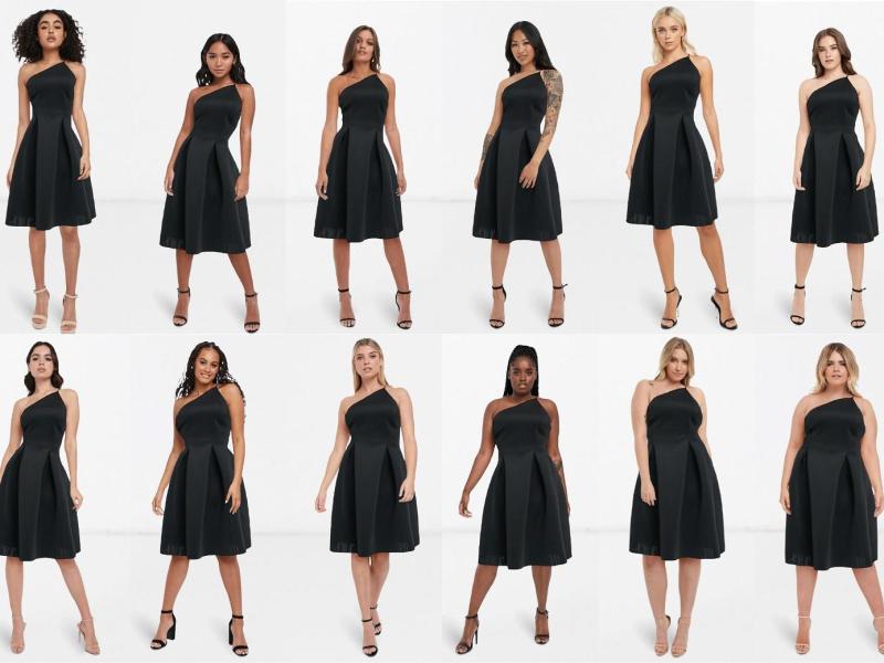 16 Frauen mit unterschiedlichen Körperformen und Haarfarben tragen alle das gleiche schwarze Kleid