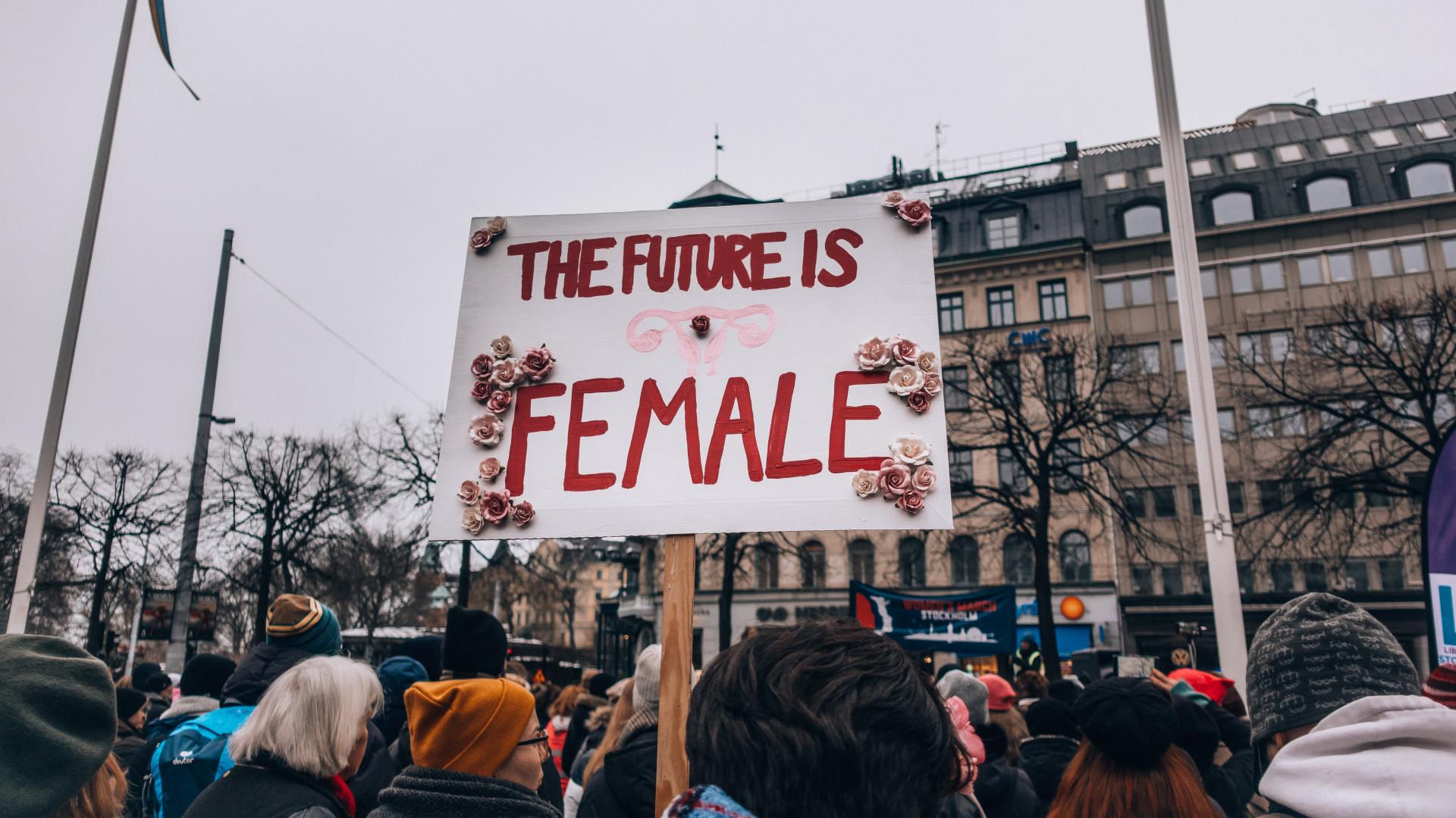 Demonstration mit vielen Menschen und Protestschild the future is female