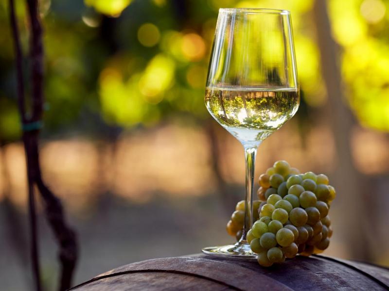 ein Glas Weißwein mit Trauben auf einem Fass in der Natur