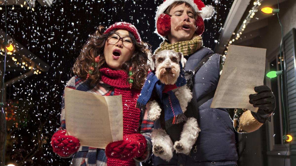lustige weihnachtslieder singen winter schneel hund
