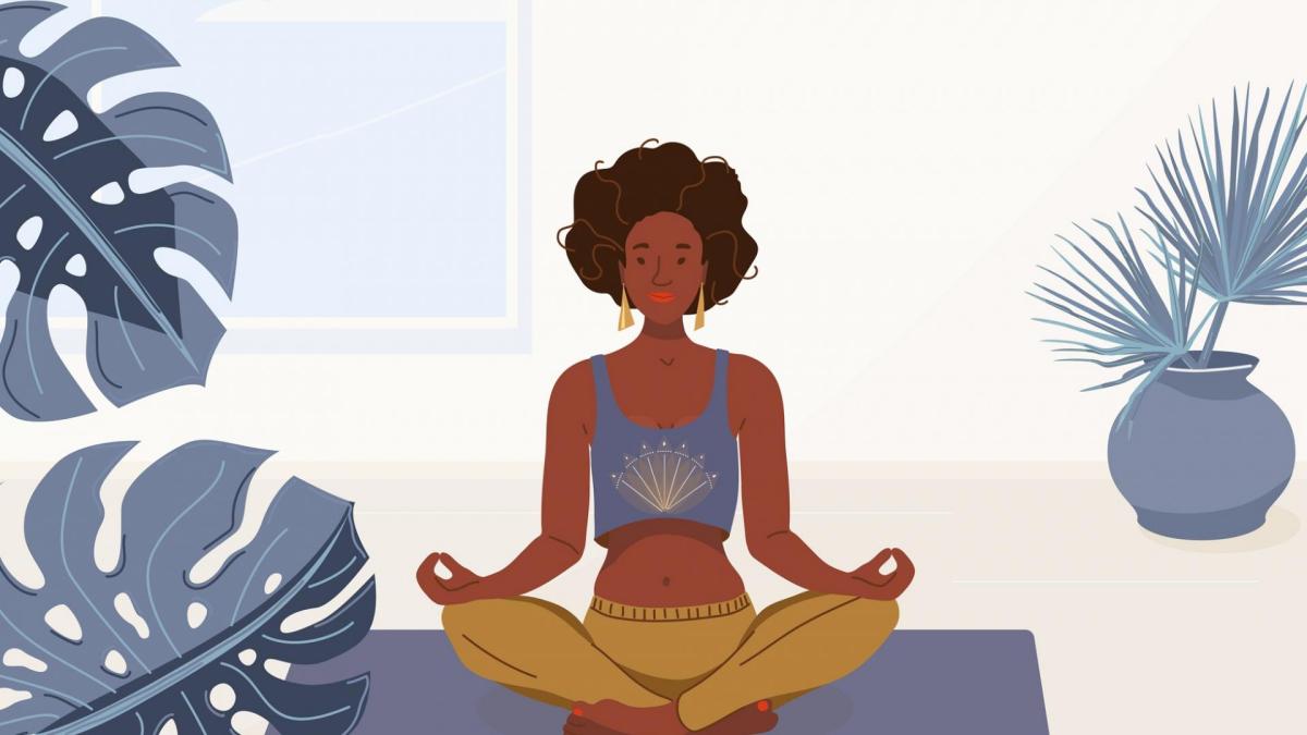 schwarze Frau macht Yoga Zuhause