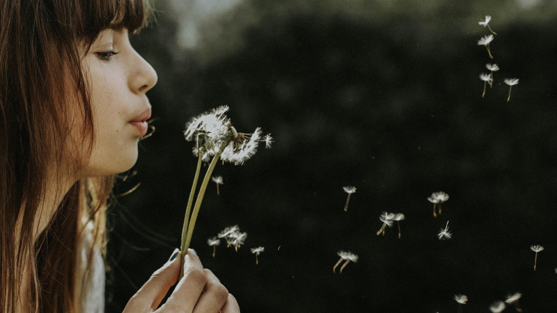 braunhaariges Mädchen pustet Pusteblume