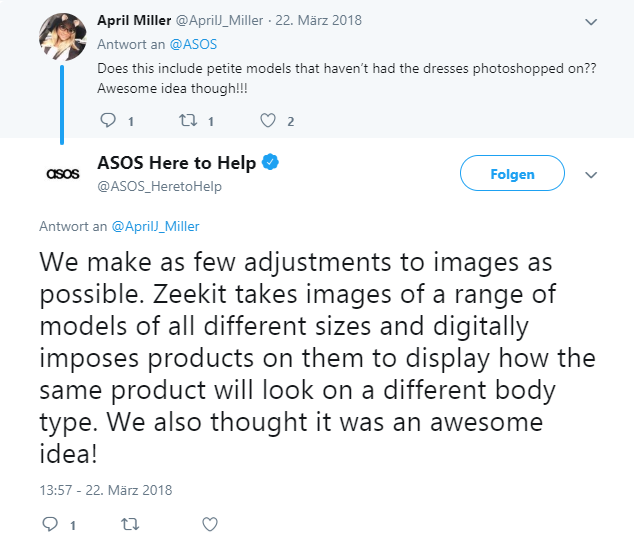 Twitter-Gespräch zwischen Nutzer und Asos Here to help