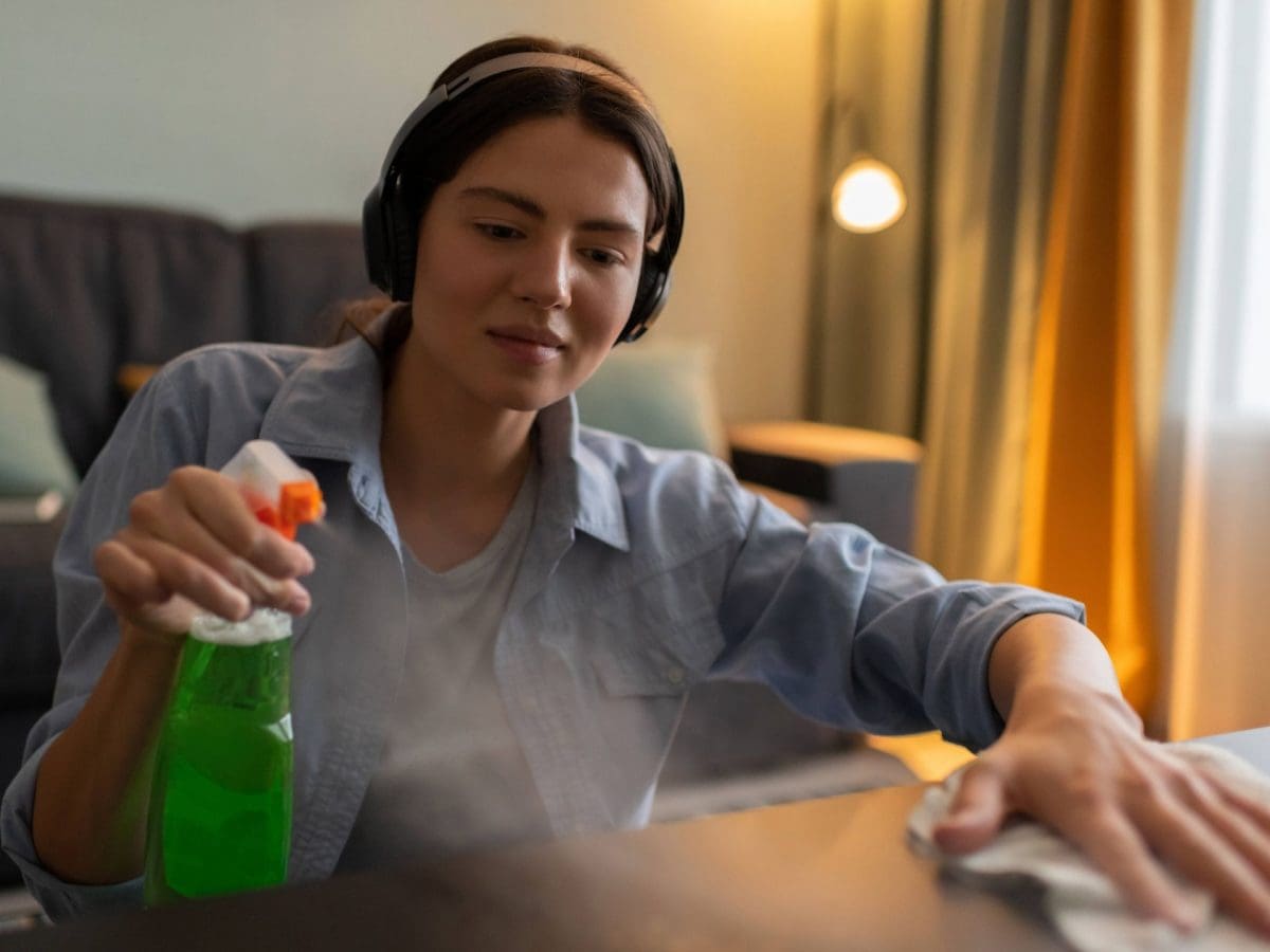 putzen frau frühjahrsputz glasreiniger kopfhörer musik hören