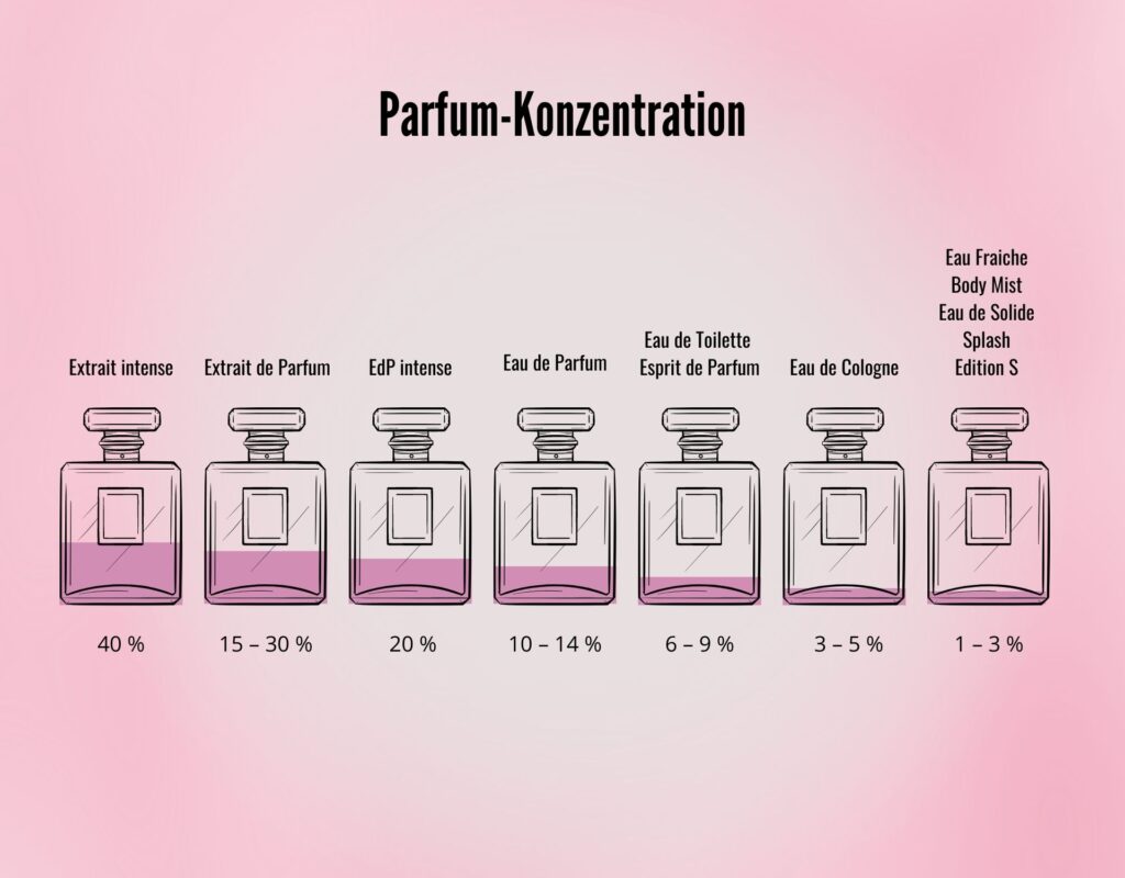 Illustration mit Angaben der Parfumkonzentration von EdT Colgne EdP intense Extrait de Parfum