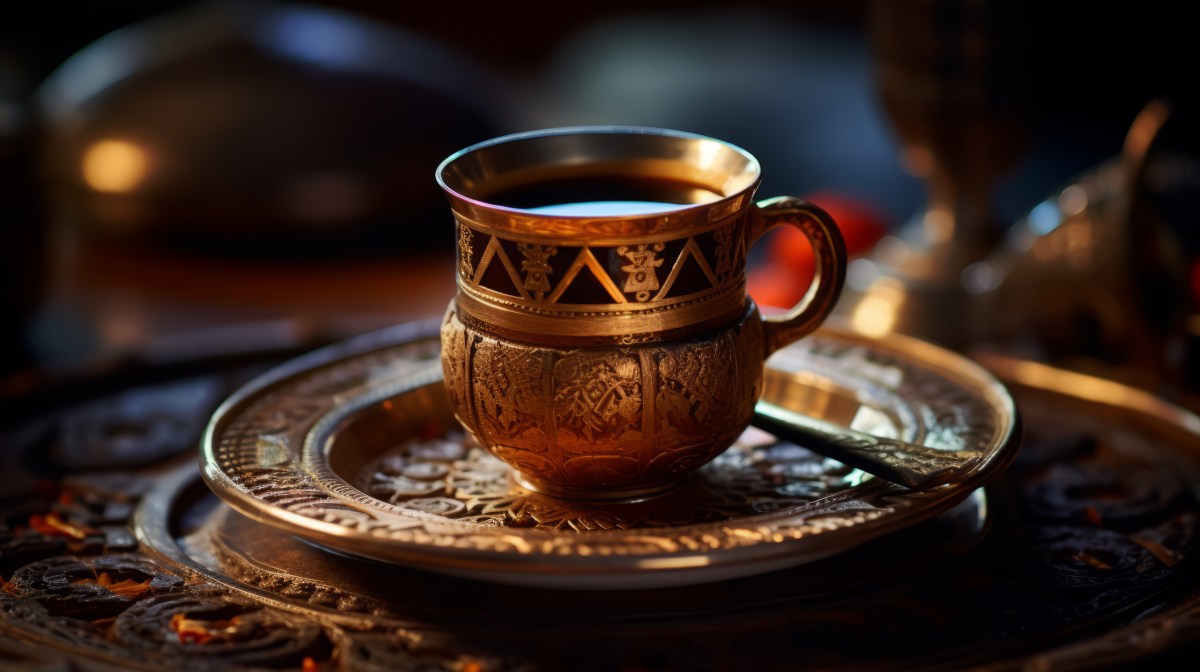 Eine türkische Tasse Kaffee steht auf einem bronzenen Tablett.
