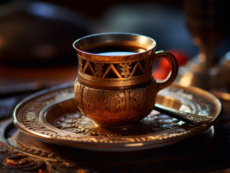 Eine türkische Tasse Kaffee steht auf einem bronzenen Tablett.
