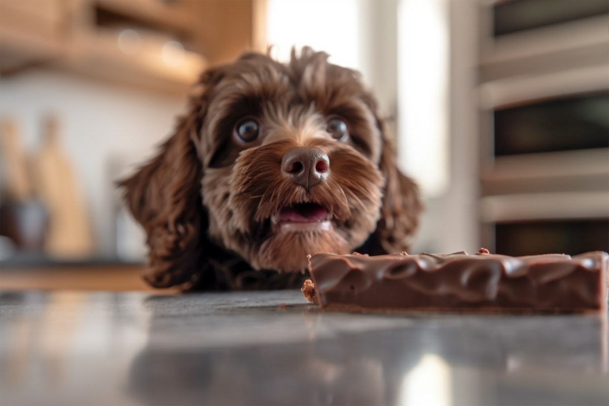 Hund sieht ein Stück Schokolade.