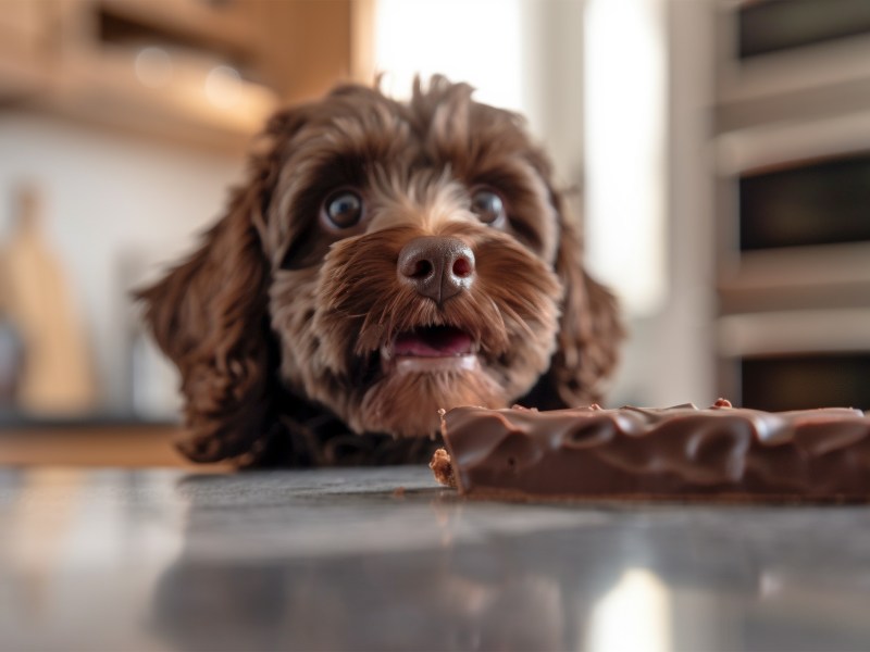 Hund sieht ein Stück Schokolade.