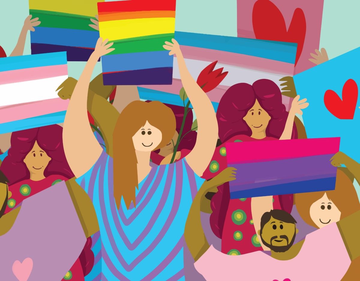Gemaltes Bild mit Menschen, die LGBTQ-Flaggen hochhalten