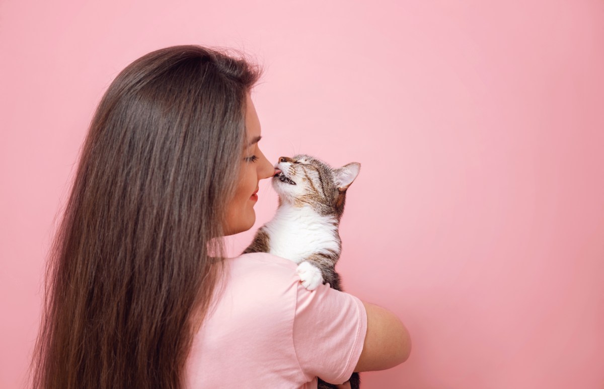 Frau hält Katze auf dem Arm und die Katze leckt sie ab.
