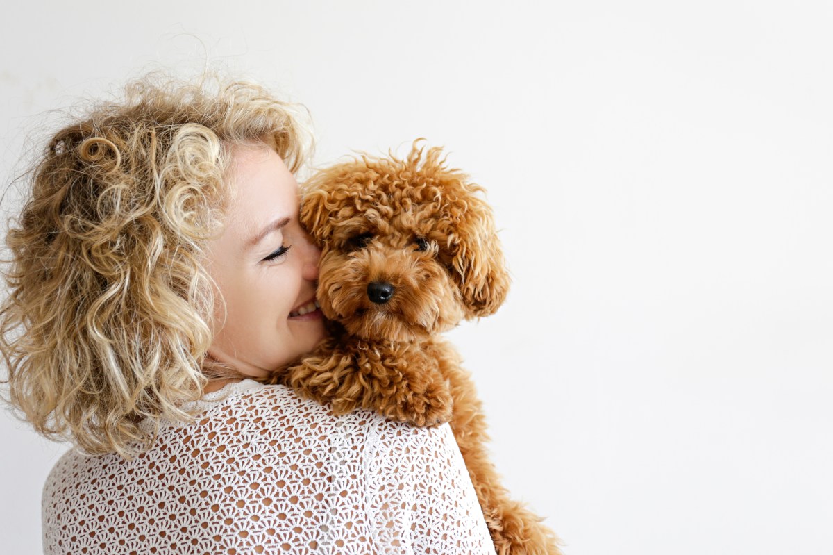 Junge Frau streichelt Hund auf dem Arm.