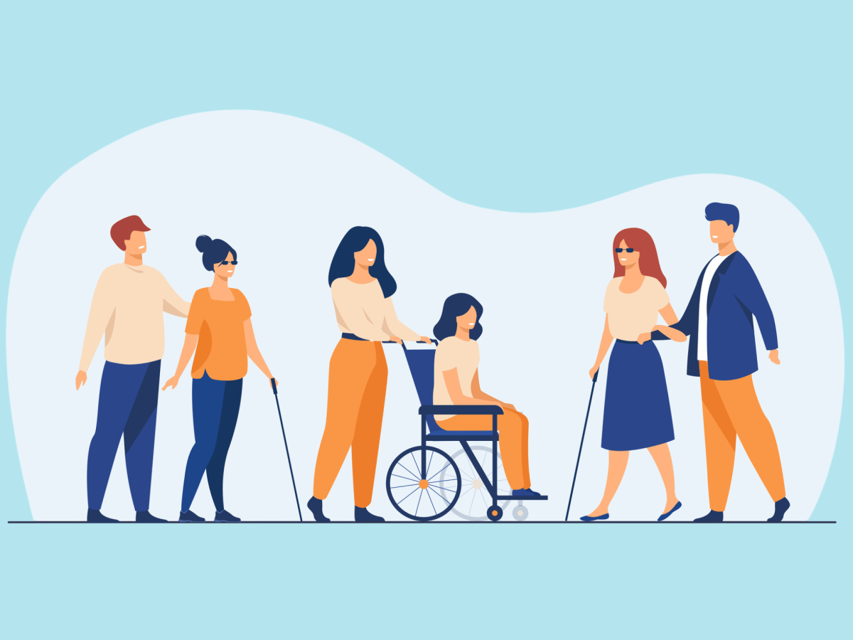 Graphik mit einer Person im Rollstuhl und zwei Blinden