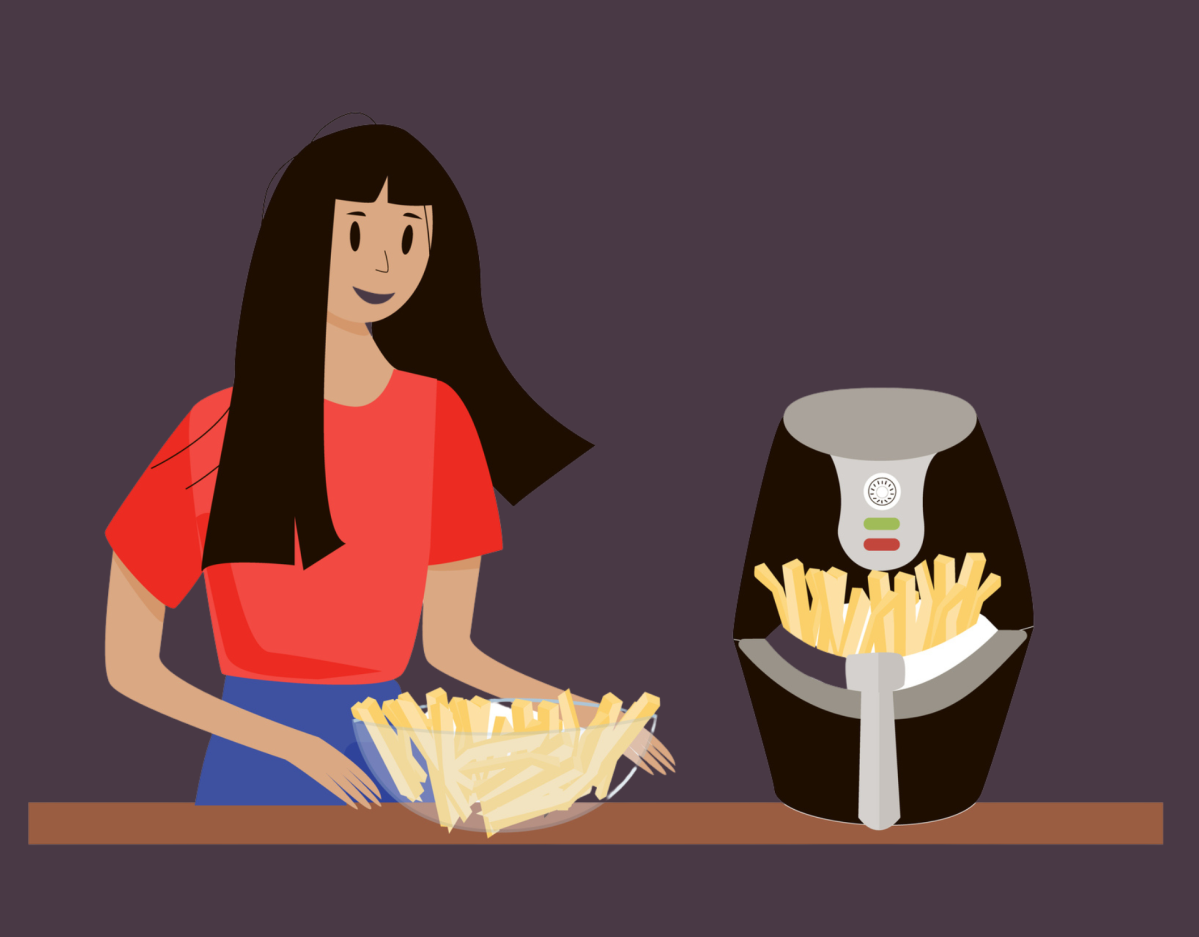 Cartoon einer Frau die Pommes in einem Air Fryer macht
