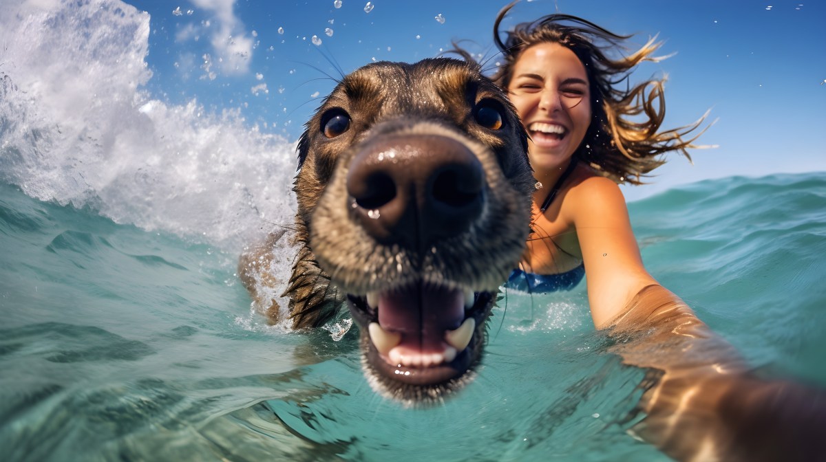 Frau schwimmt im See mit Hund.