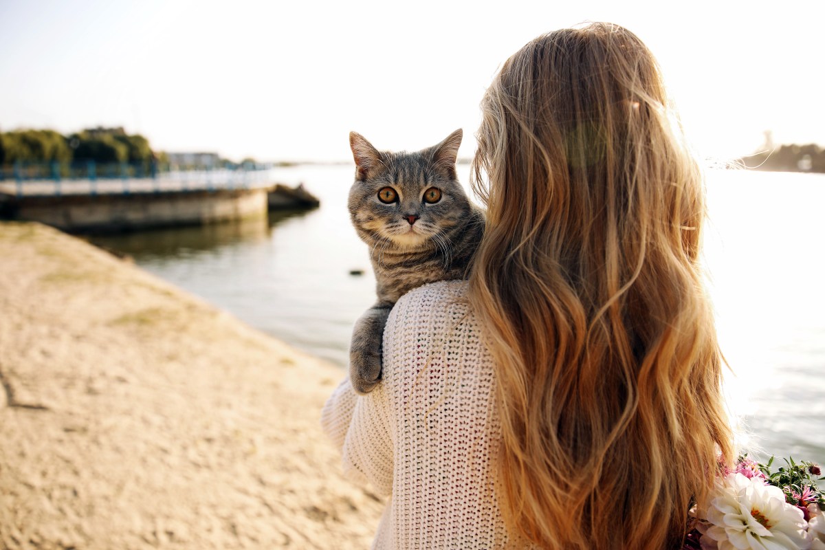 Frau hält Katze am Strand auf dem Arm.