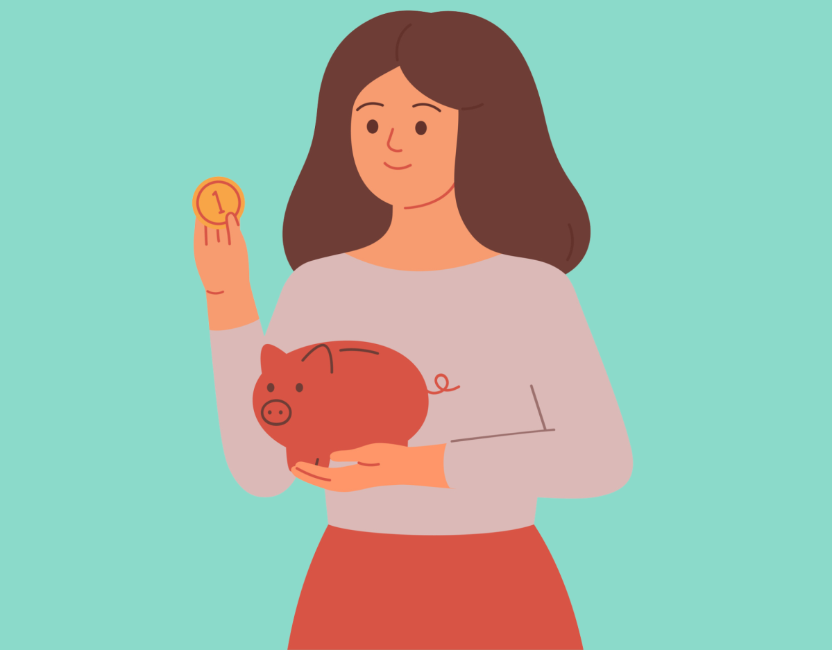 Cartoon einer Frau mit Sparschwein