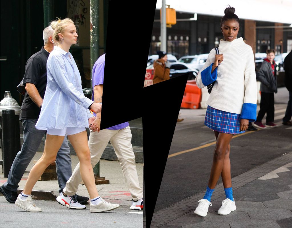 Sophie Turner (links); junge Influencerin (rechts). Sophie mit kurzen Socken, Influencerin im Modetrend 2025 mit langen bunten Socken.
