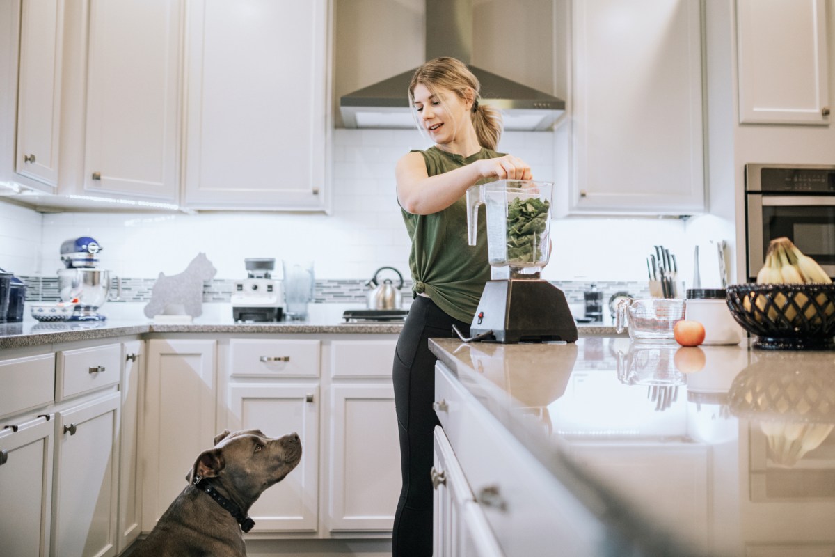 Frau macht Smoothie für Hund