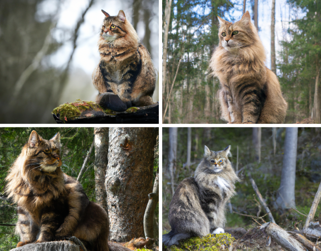 Braune Norwegische Waldkatze sitzt auf einem Baumstamm generiert von künstlicher Intelligenz.