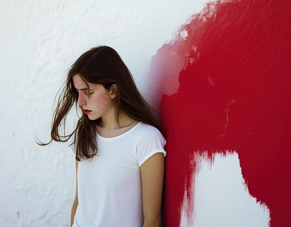 Junge Frau lehnt an einer roten Wand.