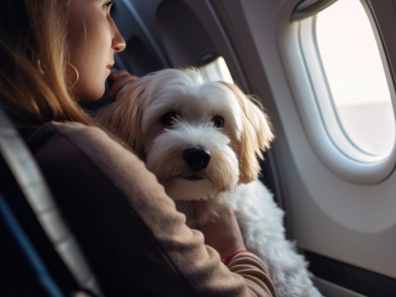 Hund im Flugzeug als Handgepäck bei Frau auf dem Arm.