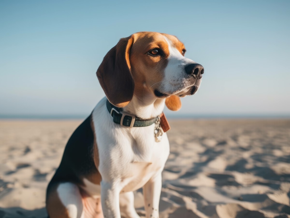 Beagle sitzt am Strand in der Sonne.