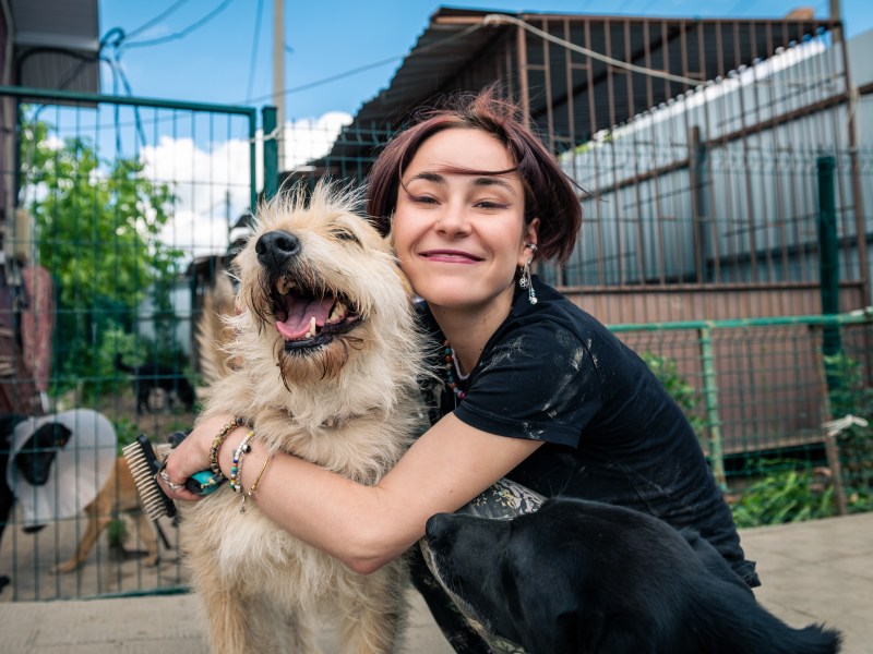 Frau hat Hund aus dem Tierheim im Arm.