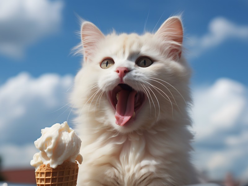 Katze mit Eis vor der Nase miaut
