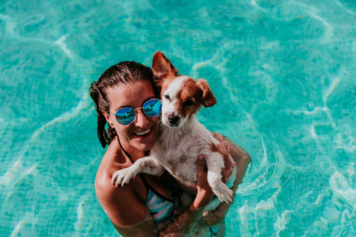 Frau hat Hund im Pool auf dem Arm.