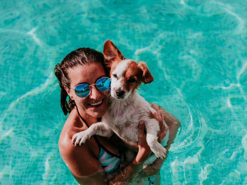 Frau hat Hund im Pool auf dem Arm.