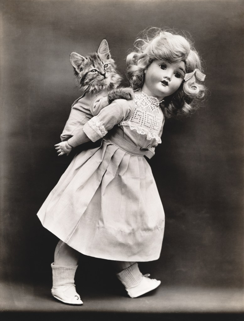 Kitty fährt auf dem Rücken einer Puppe (von Harry Whittier Frees, Amerikaner, 1879 - 1953), aus einer Serie gekleideter Kätzchen in verschiedenen menschlichen Situationen, um 1914.
