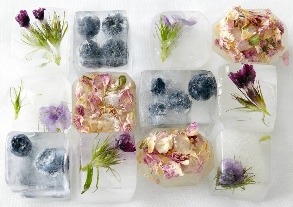 Eiswürfel mit Blumen und Früchten