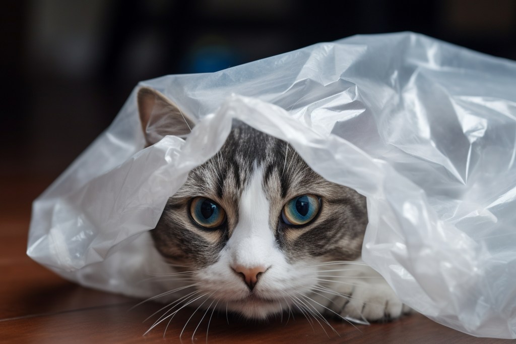 Katze sitzt in Plastiktüte und schaut heraus