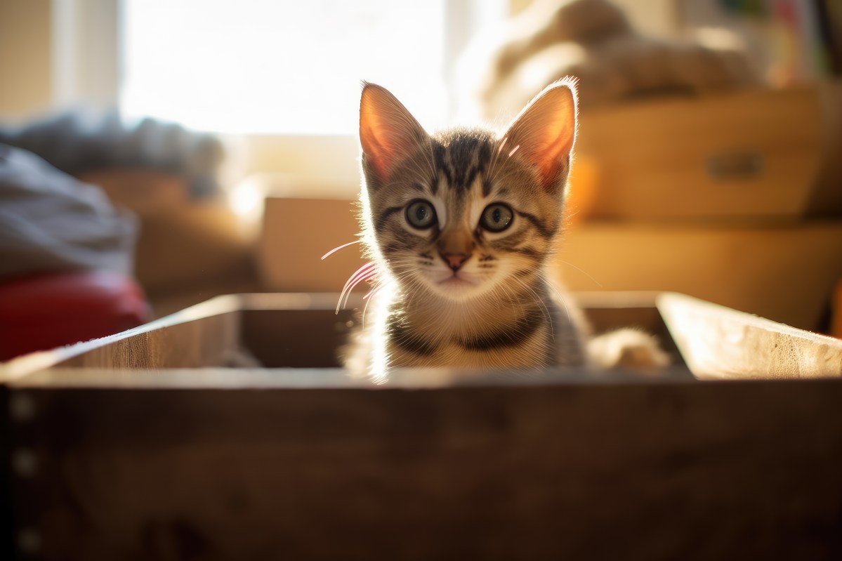 Katze sitzt in einem Rechteck Kiste