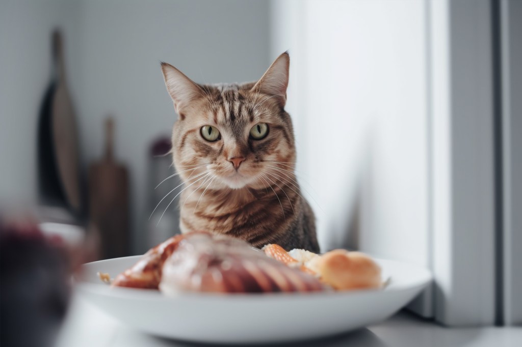 Katze sitzt vor einem Teller mit Fleisch