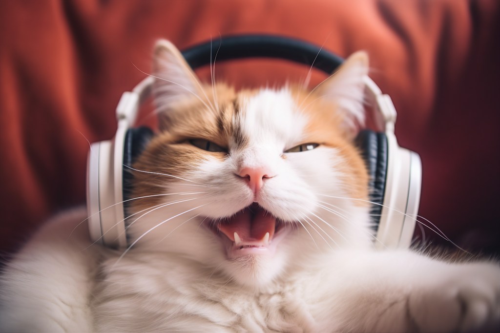 Katze mit Kopfhörern hört Musik