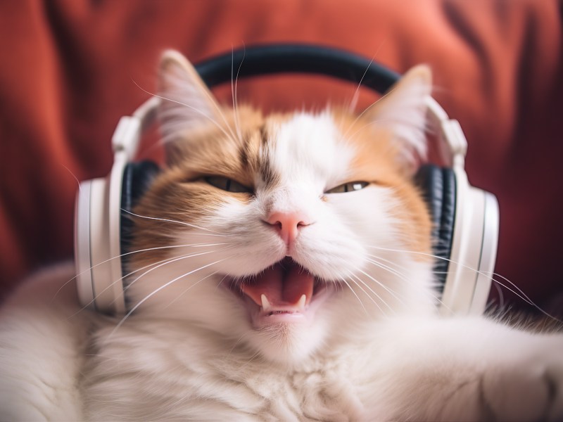 Katze mit Kopfhörern hört Musik