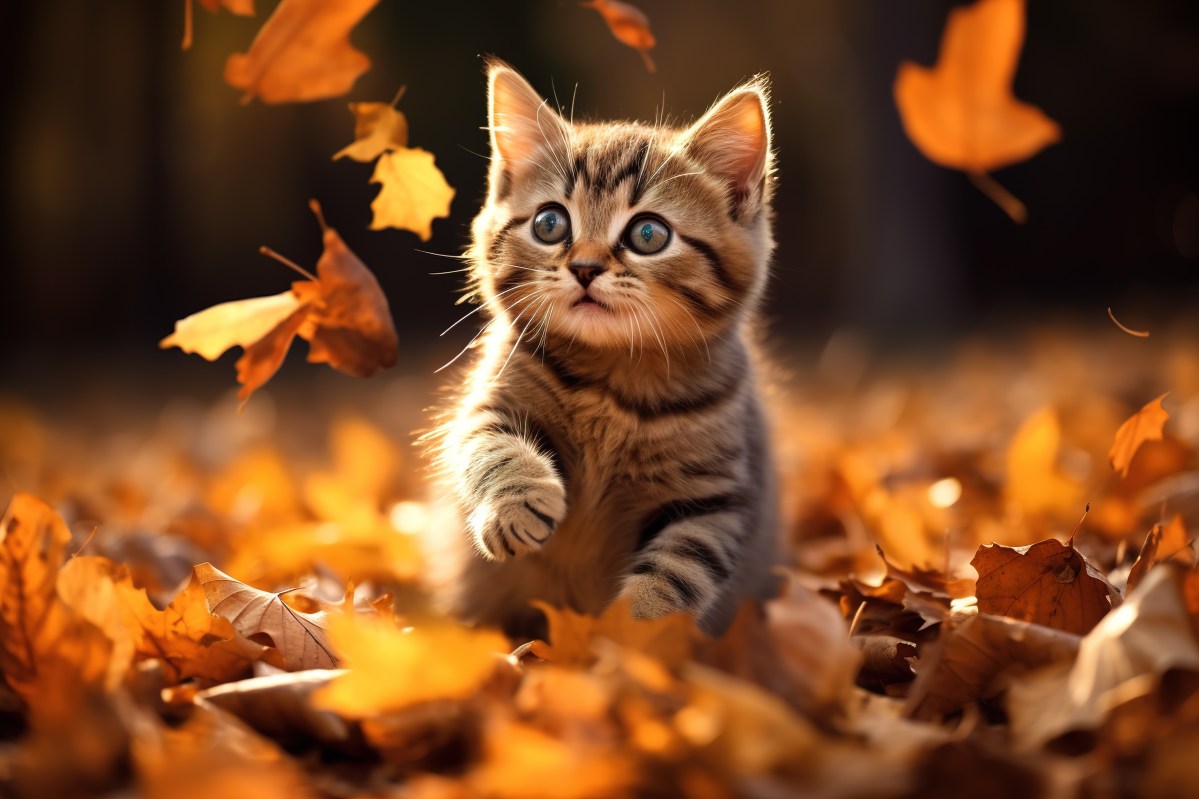 Herbstkatze spielt im Laub