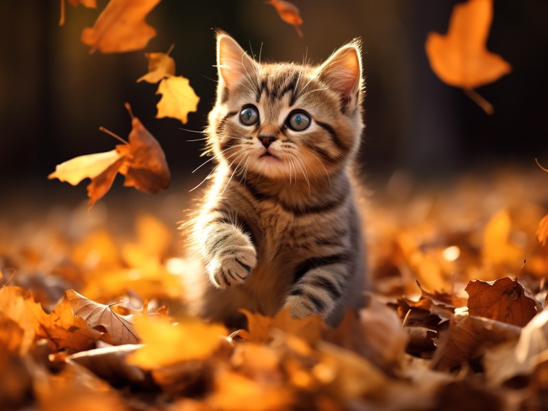 Herbstkatze spielt im Laub