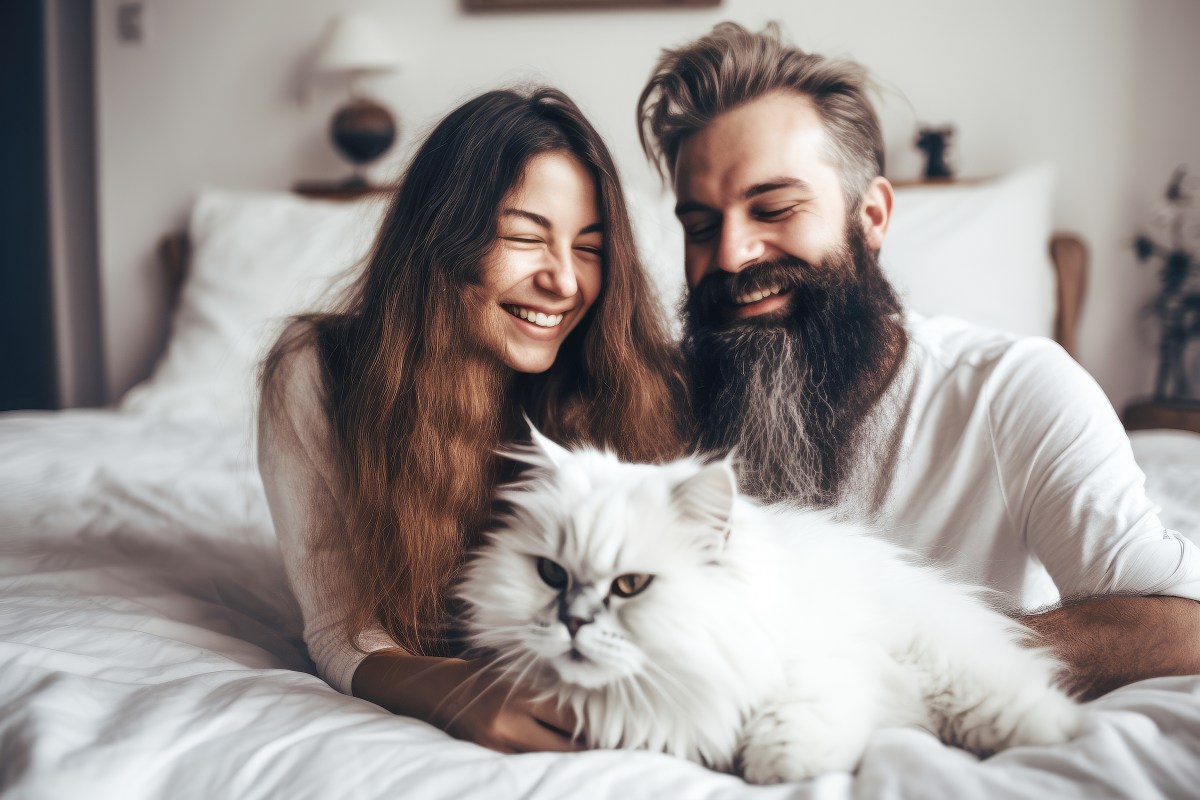 Katze zusammen mit Frau und Mann auf dem Bett