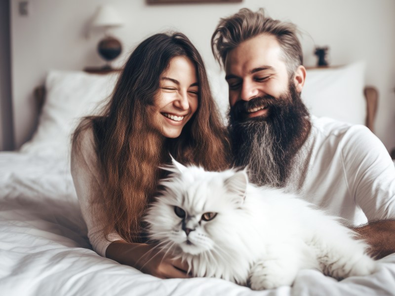 Katze zusammen mit Frau und Mann auf dem Bett