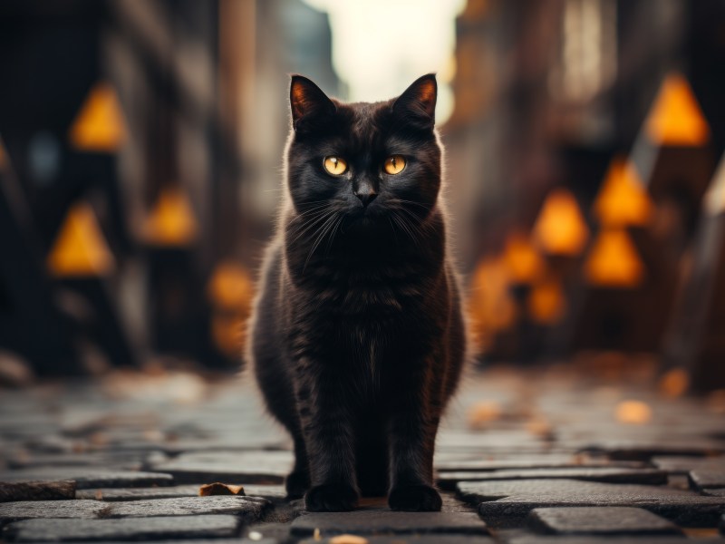 Katze im Dunkeln sitzt auf einer Straße