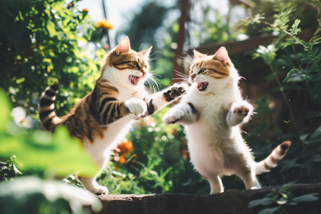 Katzen spielen miteinander im Wald