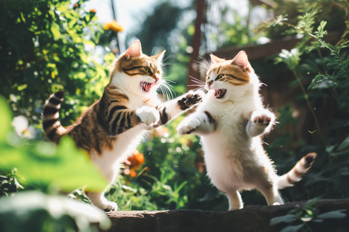 Katzen spielen miteinander im Wald
