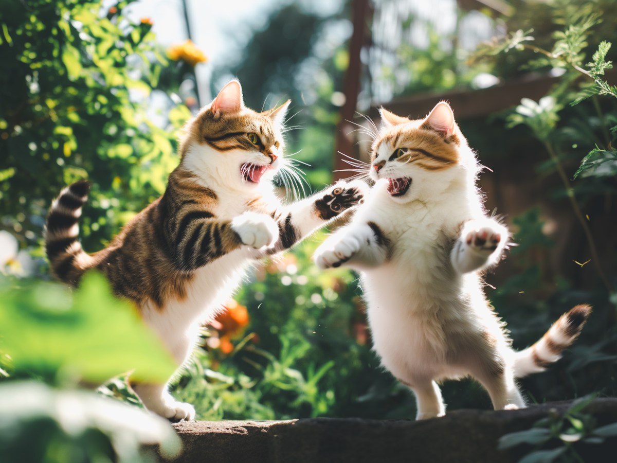 Katzen spielen miteinander im Wald