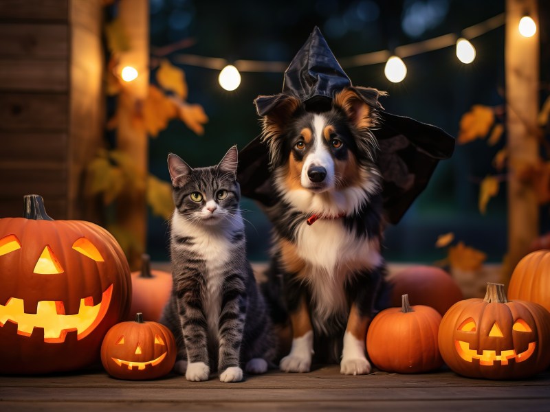 Halloween Haustiere sitzen neben Kürbissen