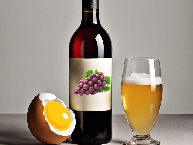 Ein Ei, eine Flasche Rotwein und ein helles Bier