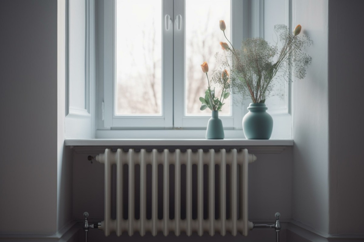 Eine Heizung steht unter dem Fenster. Auf dem Fensterbrett stehen Blumen.